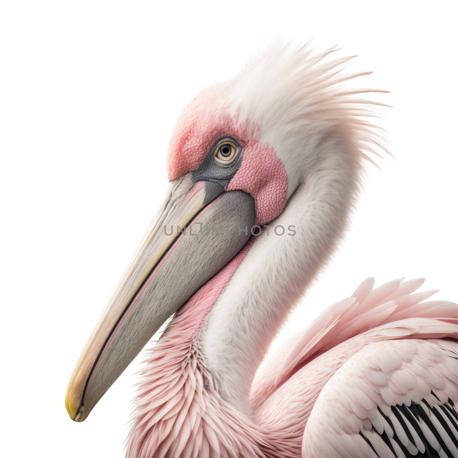 Pink pelican isolated on white background. Generative AI