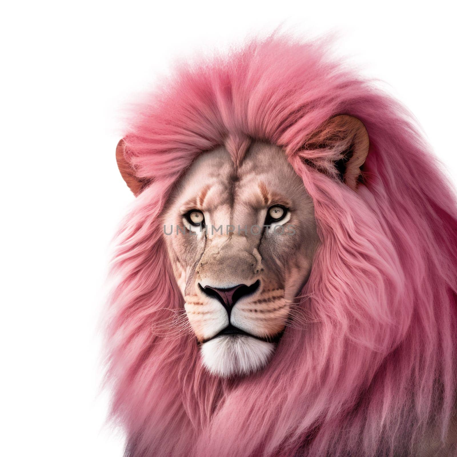 Pink lion head isolated on white background. Generative AI