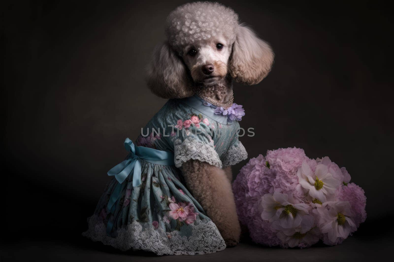White Poodle wearing a pretty dress and flowers against dark background. Generative AI