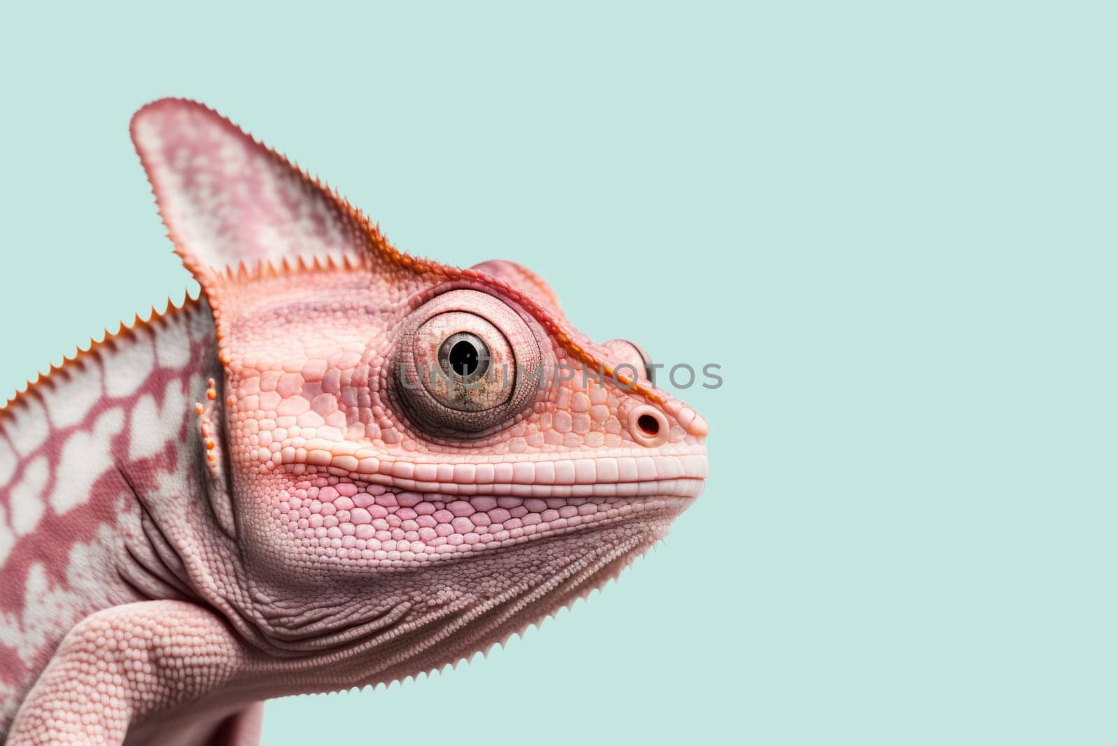 Cute pink chameleon isolated on turquoise background. Generative AI