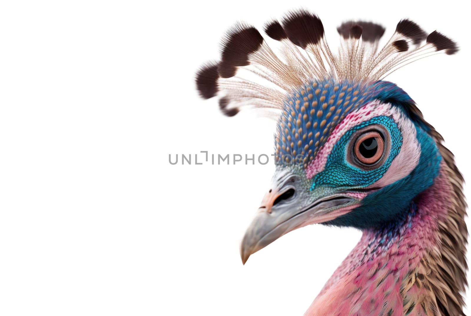 Pink peacock head isolated on white background. Generative AI