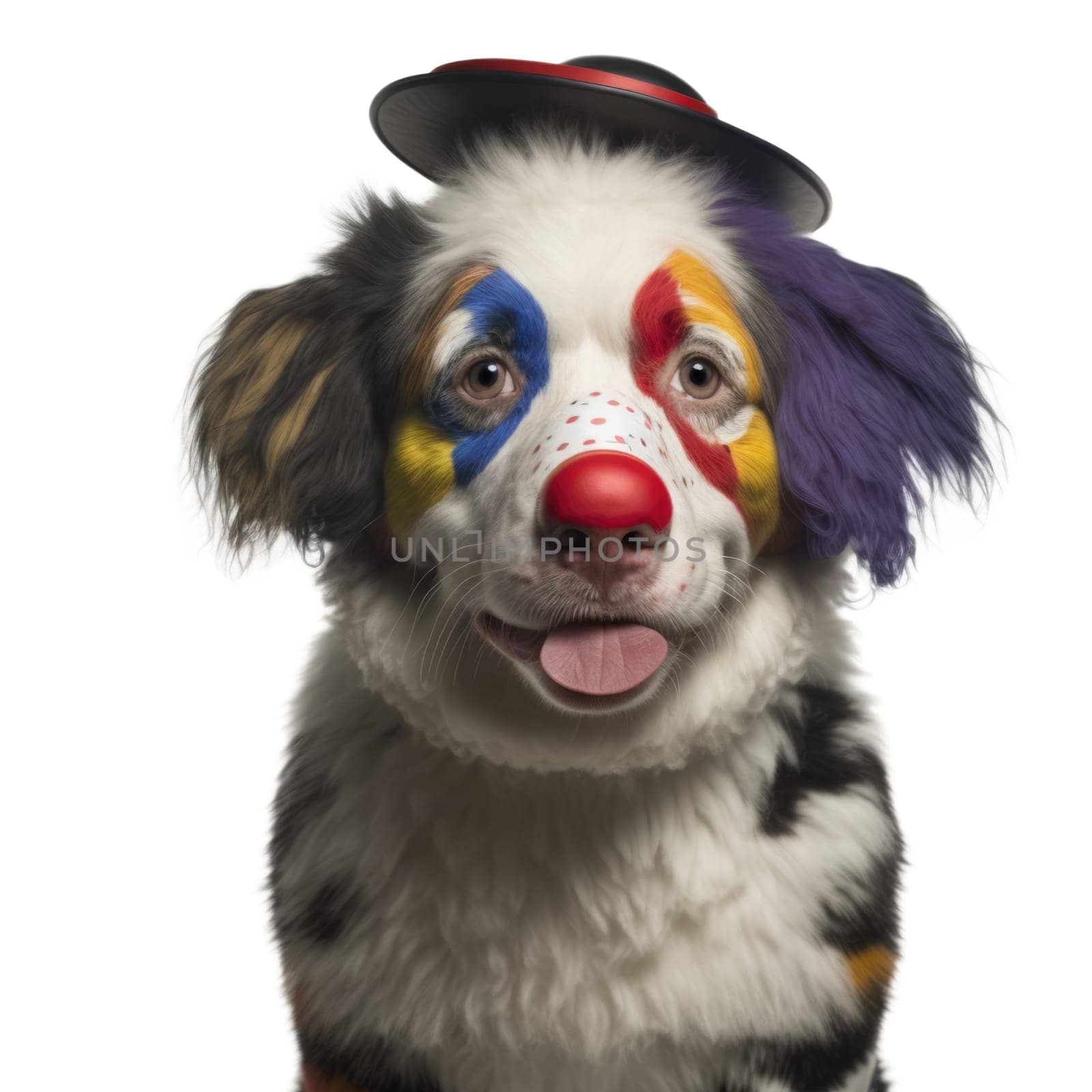 Australian shepherd dog dressed as a clown looking at camera. Generative AI