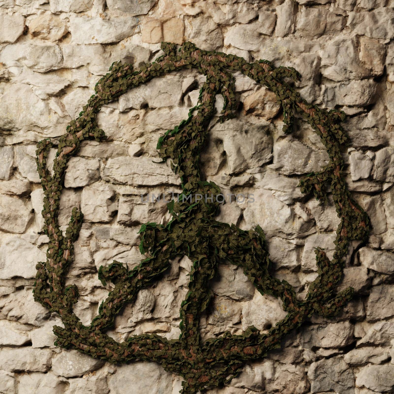 Ivy plant as a peace sign on a rustic stone wall, 3d rendering