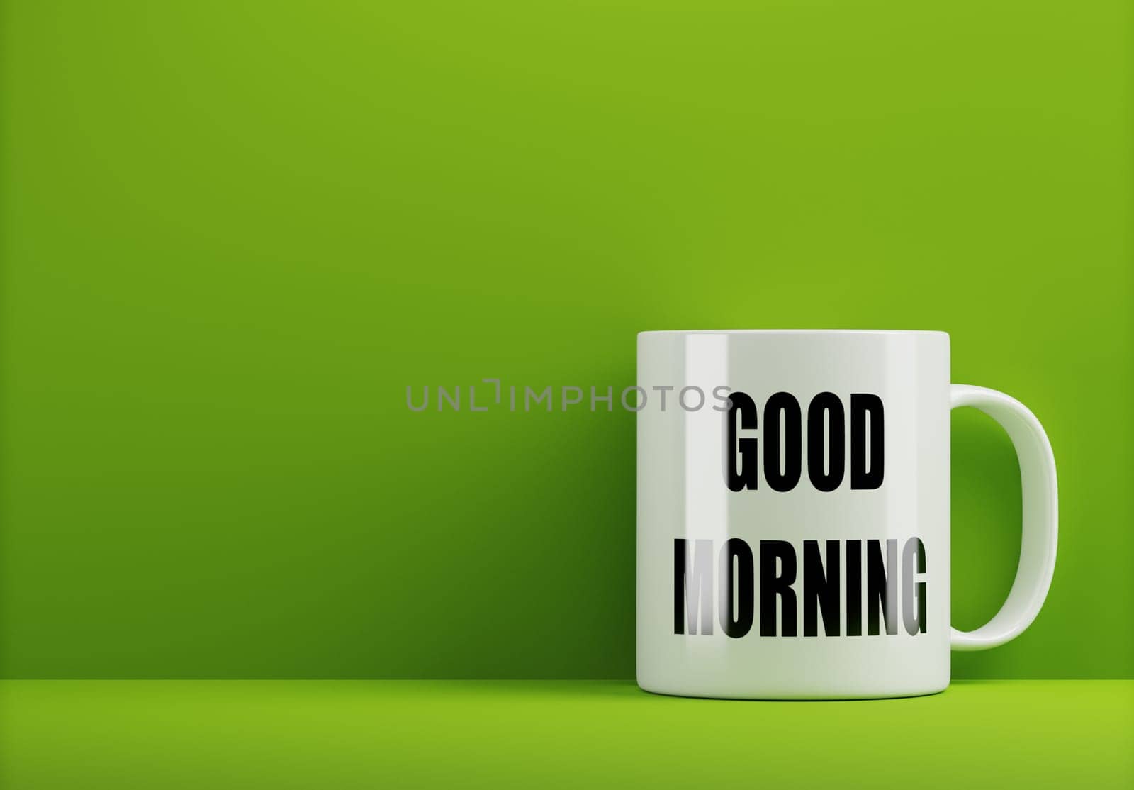 White mug with the inscription Good Morning on an green background, good vibes or feeling, positive thinking concept, morning start, 3d rendering