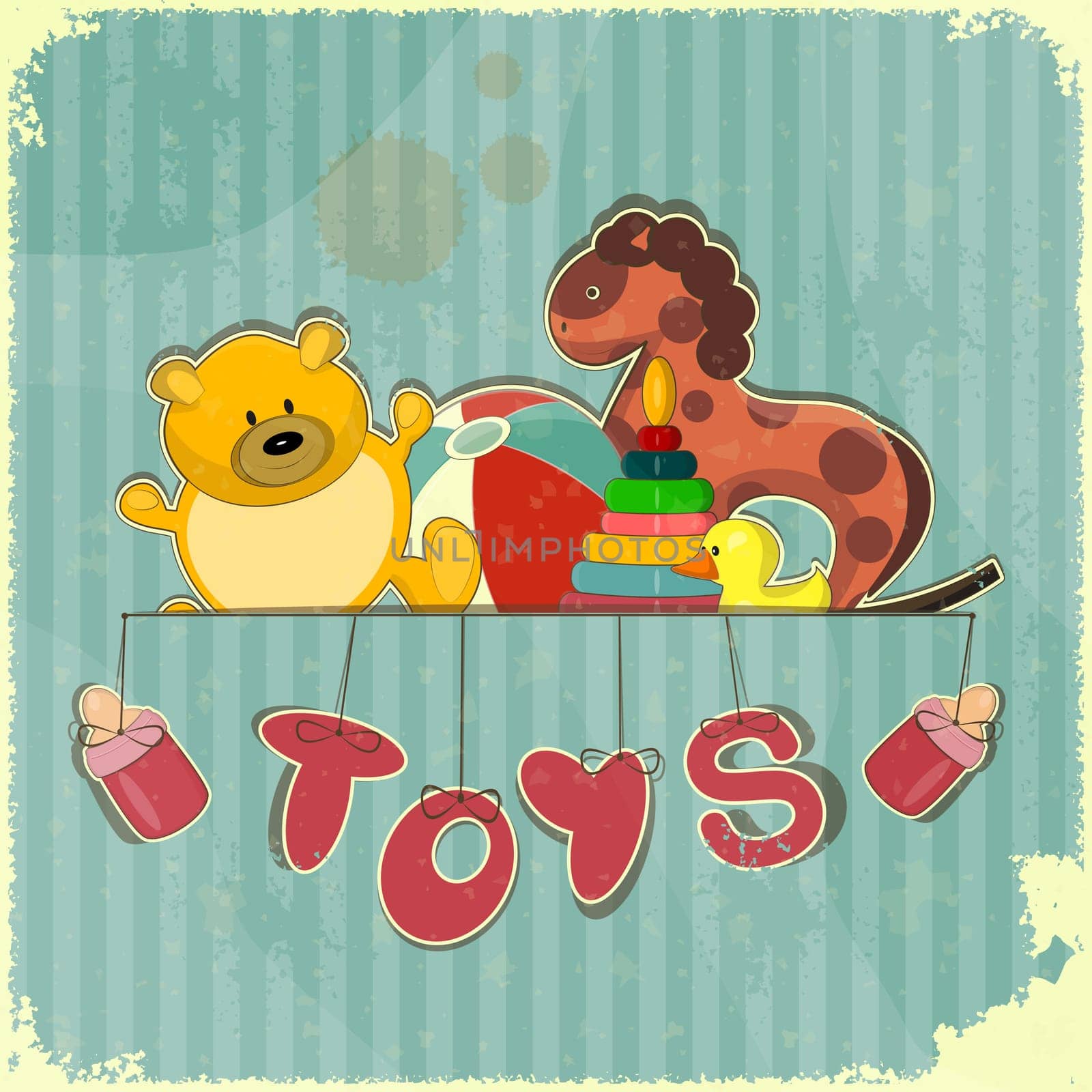 Vintage Design Toy Shop - Old Toys on Retro Blue Background - Vector illustration