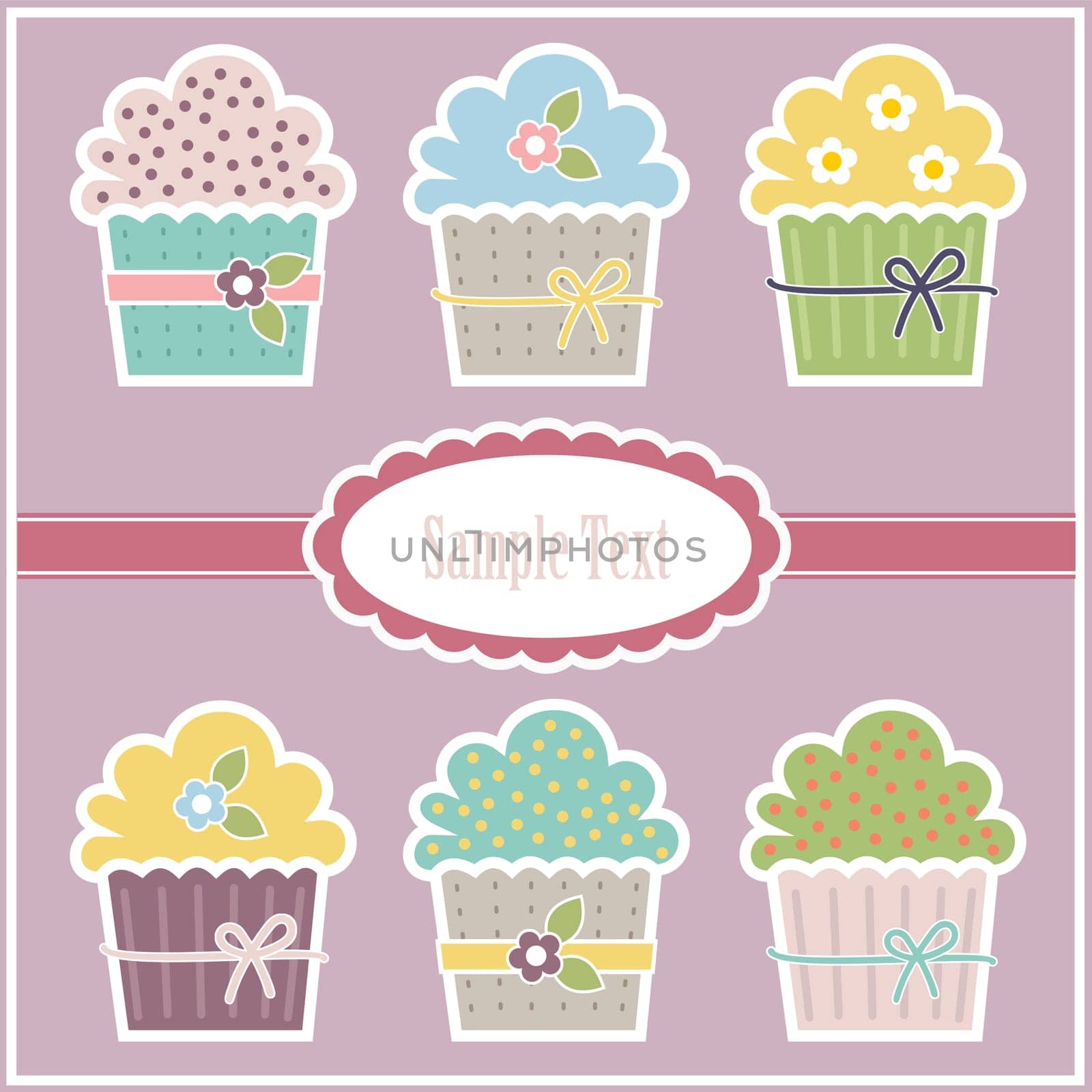 Colorful greeting card with illustration of cupcakes and space for custom text.