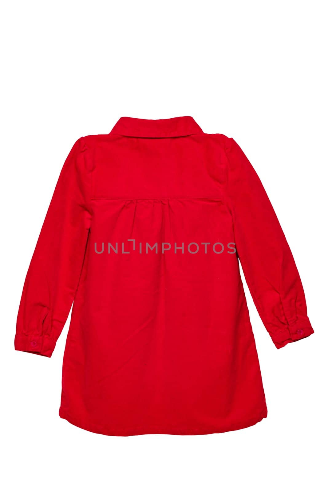 Summer dress isolated. A beautiful red girl's dress with attached heart shaped pockets and long sleeves isolated on white. Kids spring and autumn fashion. Back view.
