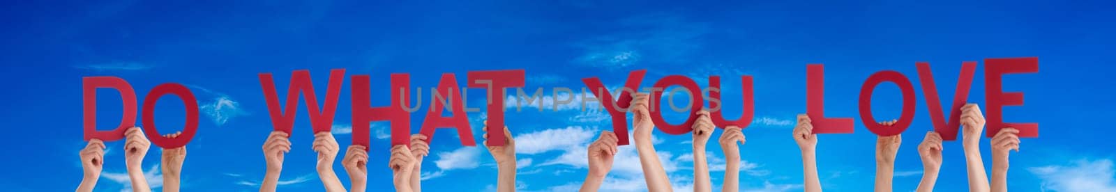 People Or Persons Hands Building English Word Do What You Love. Summer Ocean, Sea And Beach As Background.
