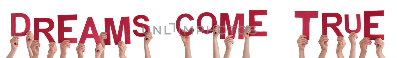 People Or Persons Hands Building English Word Dreams Come True. Isolated White Background.
