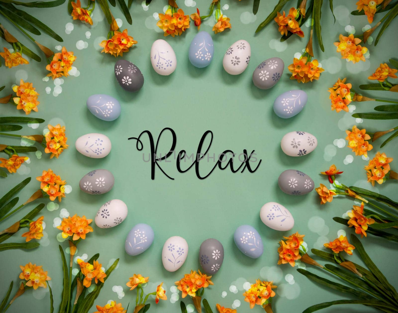 Flat Lay With English Text Relax. Easter Egg Decoration With Orange Spring Flowers. Light Green Paper Background With Bright And Shiny Light Effect.