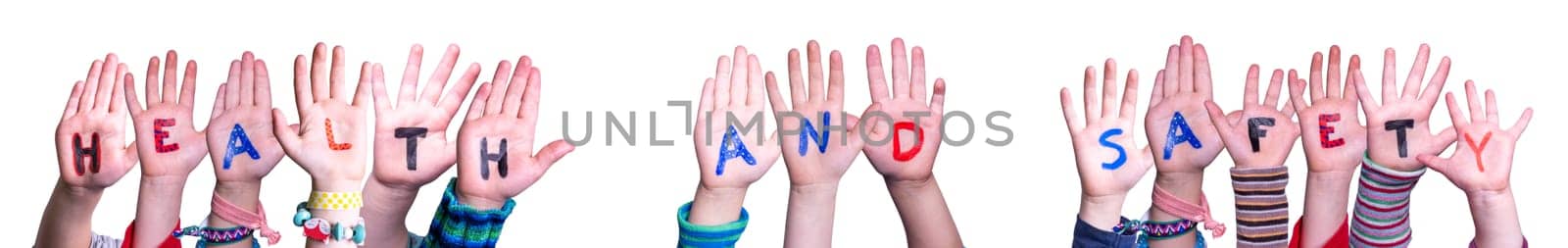 Children Hands Building Colorful English Word Health And Safety. Isolated White Background.
