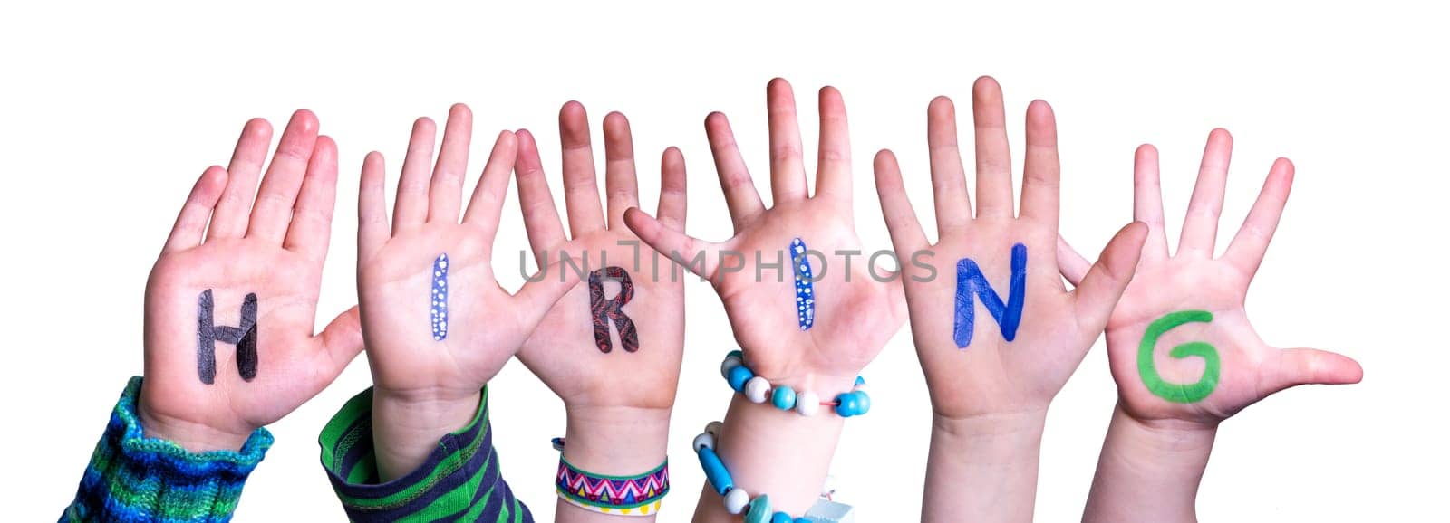 Children Hands Building Colorful English Word Hiring. Isolated White Background.