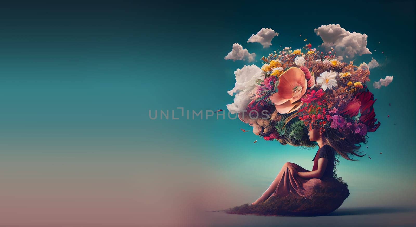 Woman with colorful cloud and flowers, mind of freedom, positive optimistic attitude, hope and emotion concept, mental health, generative AI