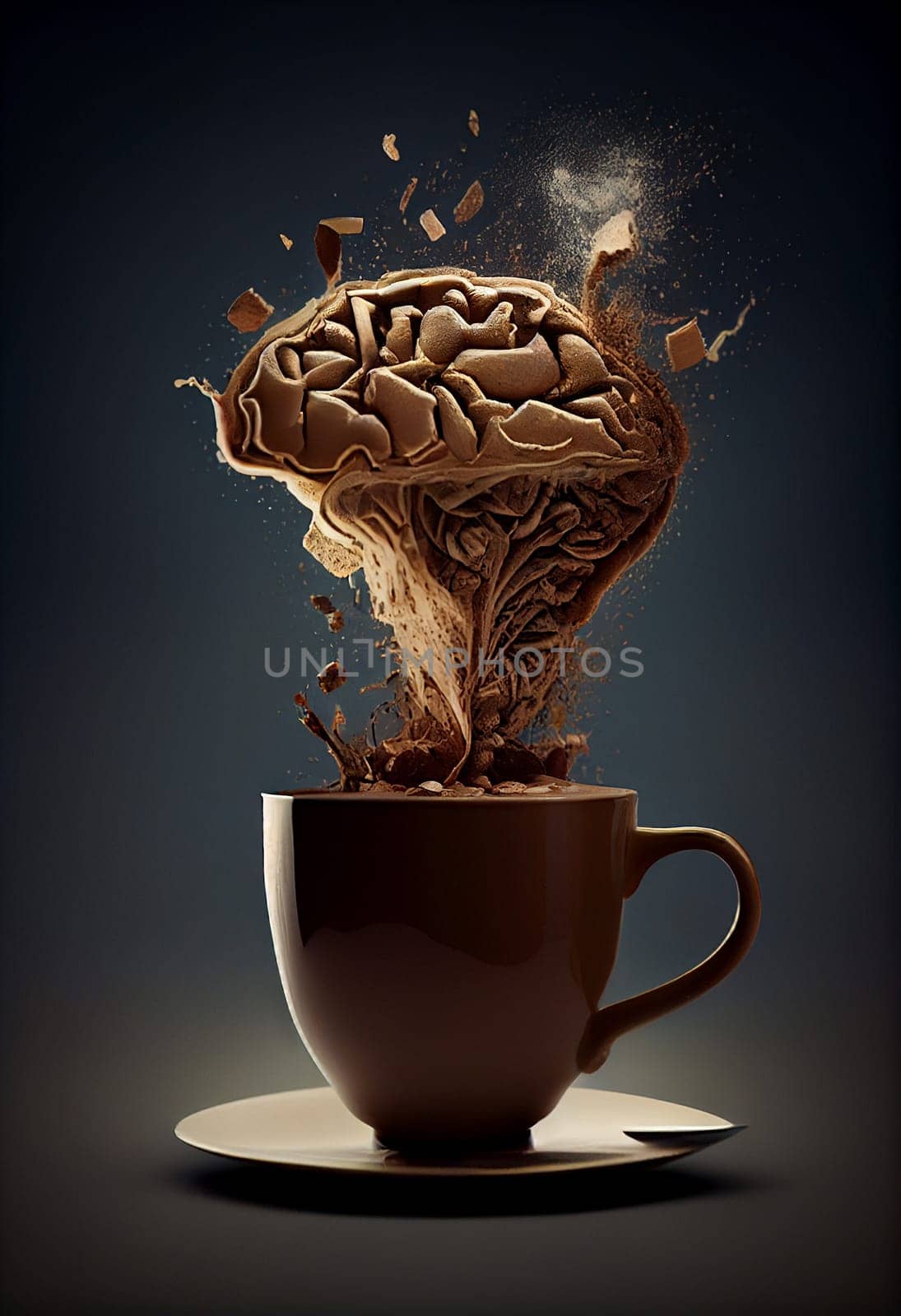 Cup of coffee with a splash like a brain, creative and innovative mind, explosion of ideas, brainstorming for solutions, generative AI