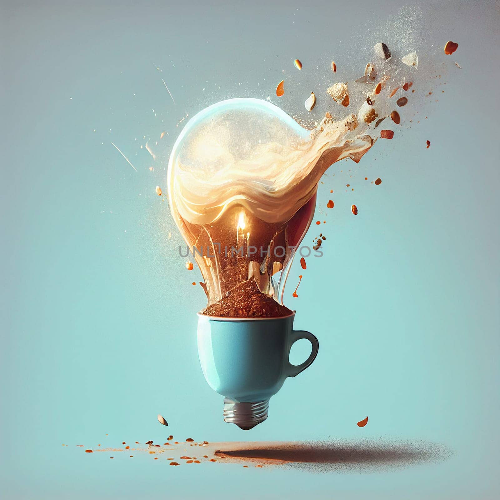 Cup of coffee with light bulb, splashes, creative and innovative mind, explosion of ideas, brainstorming for solutions, generative AI