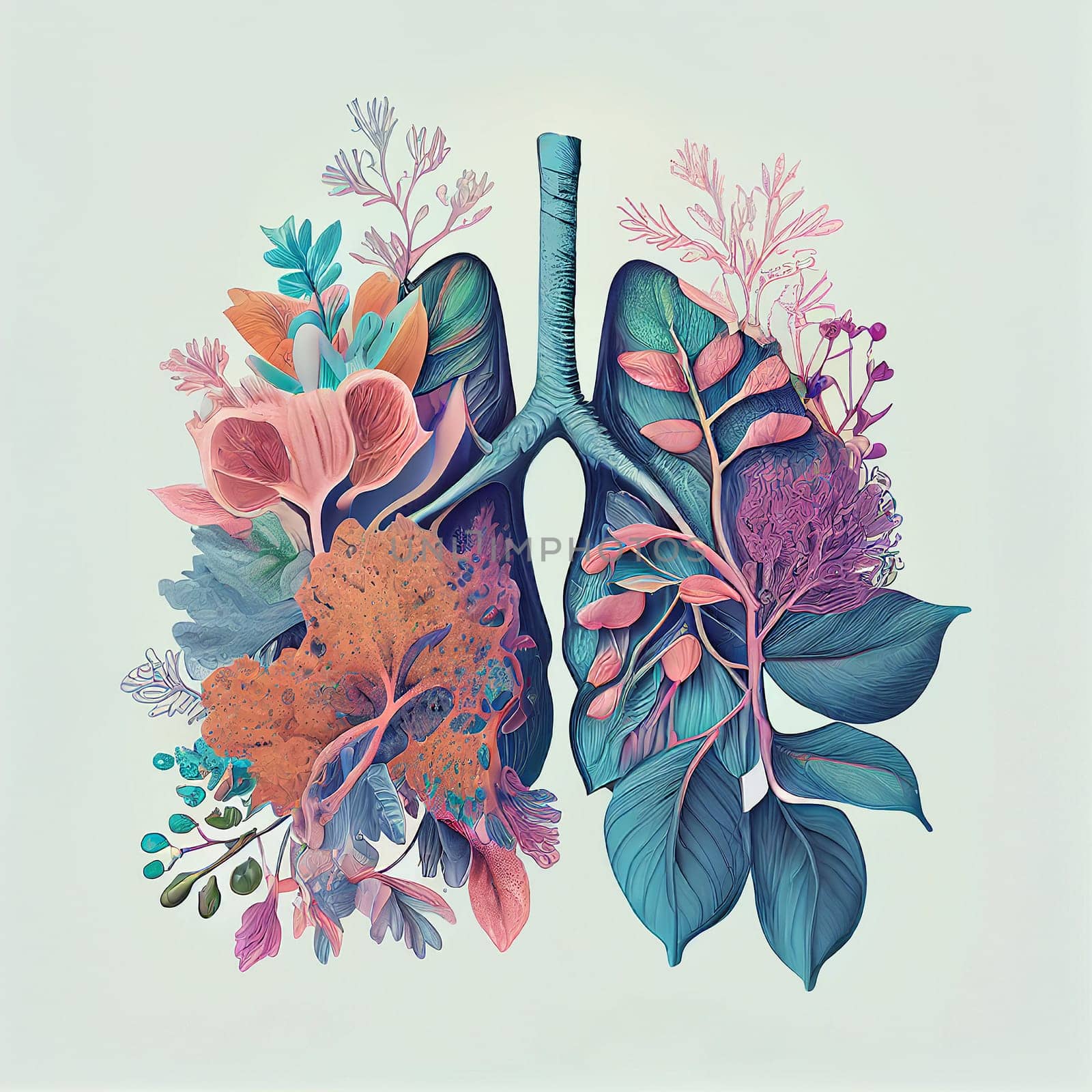 Lung with flowers for fresh healthy breathing air, environment concept, connect to nature, generative AI