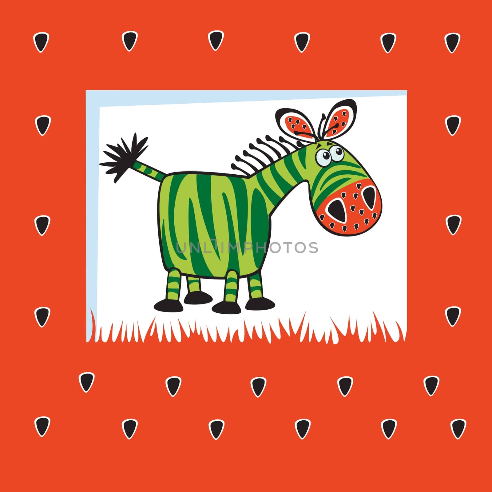 cute fruity zebra like watermelon,children vector illustration on red background,design for babies and little kids