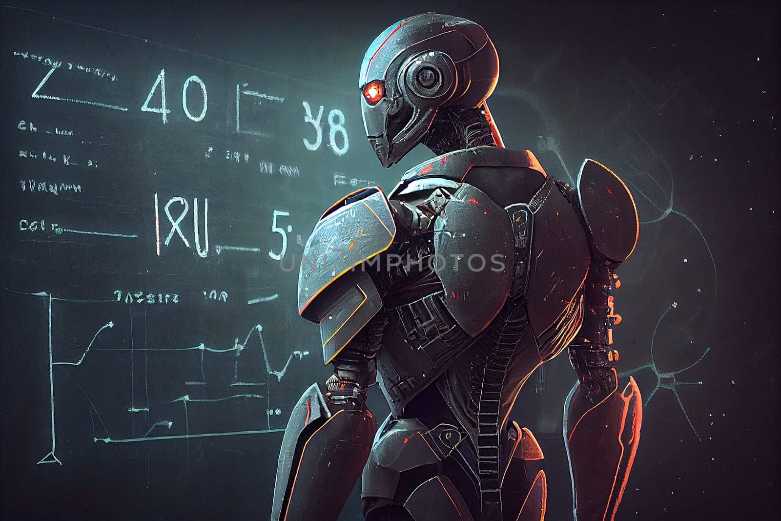 Artificial intelligence robot in front of a chalkboard, cyborg replacing human teacher, futuristic technology, generative AI