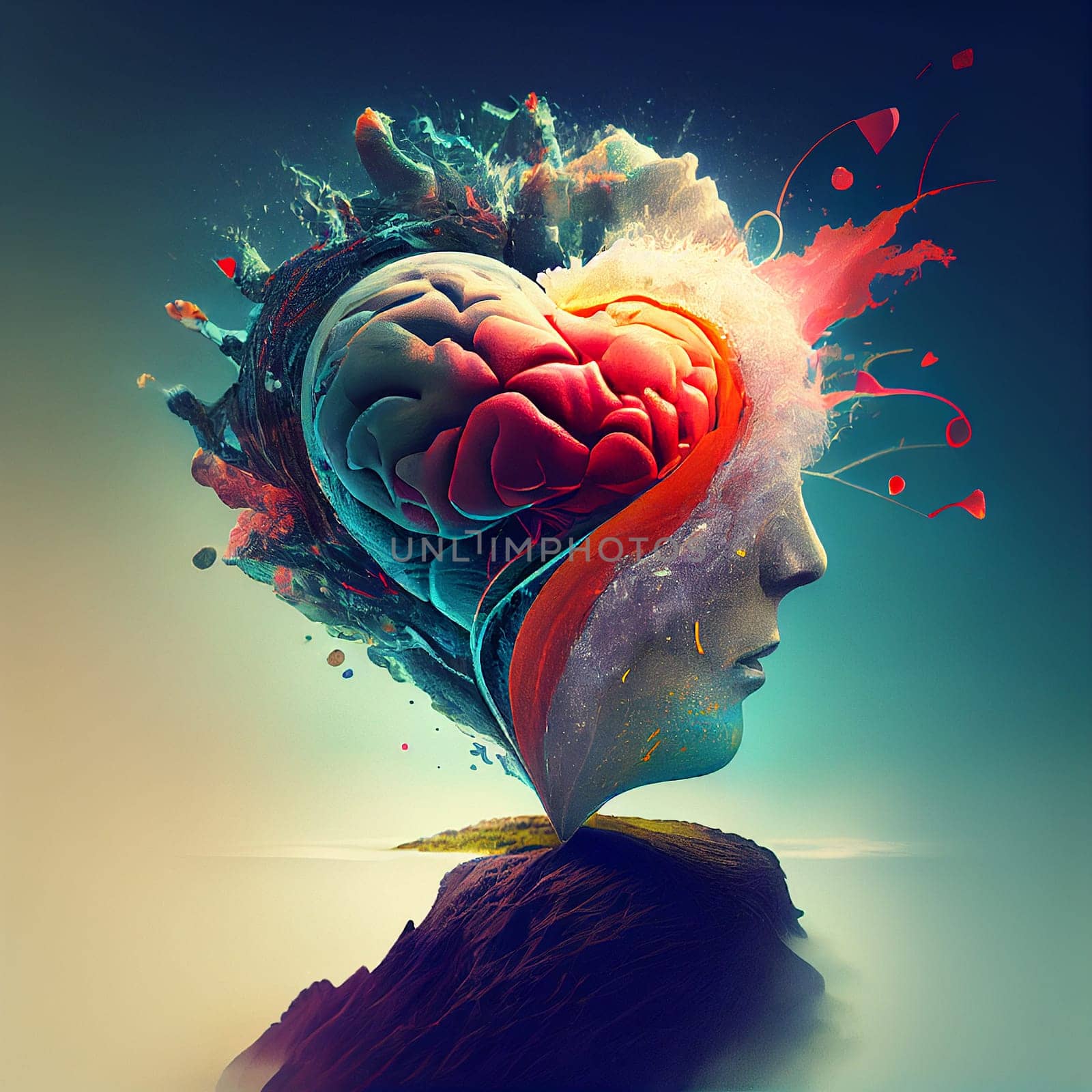 Brain with heart splash, love and passion, self esteem and mental health care concept, positive thinking, creative mind, generative AI