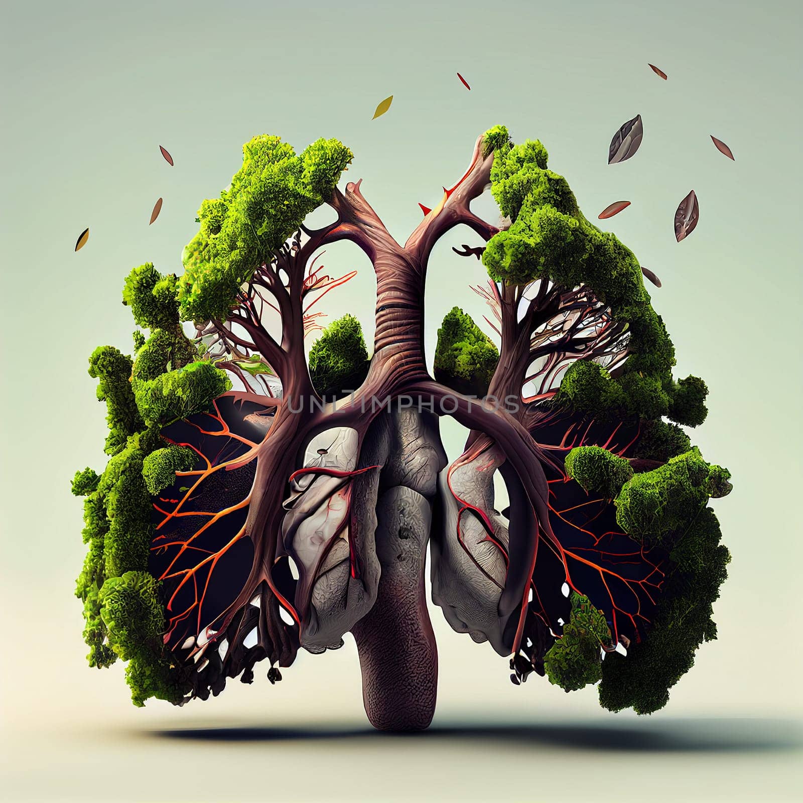 Green lung in the forest, trees for fresh healthy breathing air, environment concept, connect to nature, generative AI