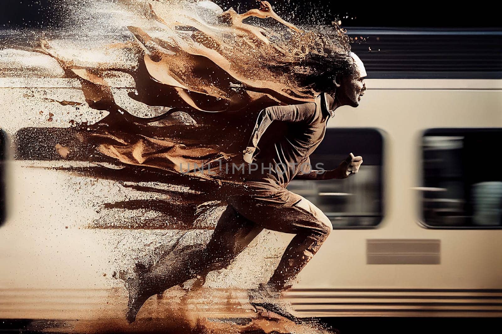 Man made from coffee splashes is running with high speed next to the train, time pressure, caffeine energy, being in a hurry for work, generative AI