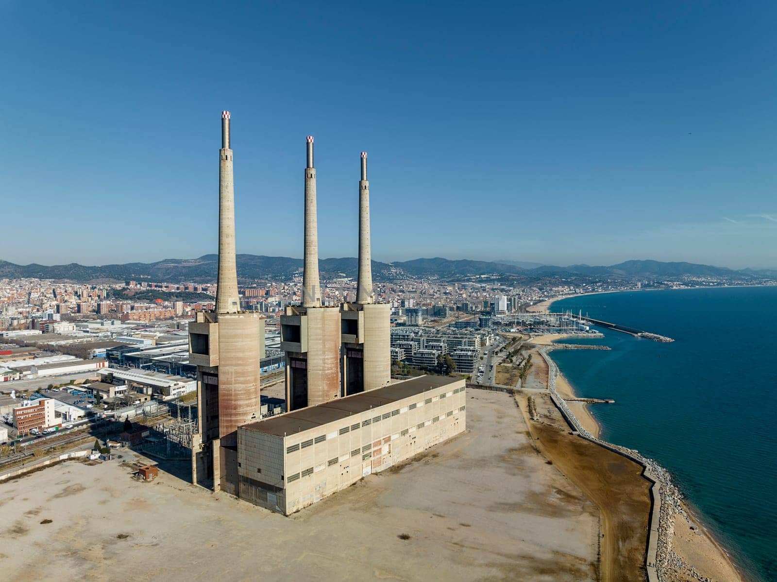 Thermal power plant in Sant Adria (Barcelona), Catalonia, Spain. Aerial view