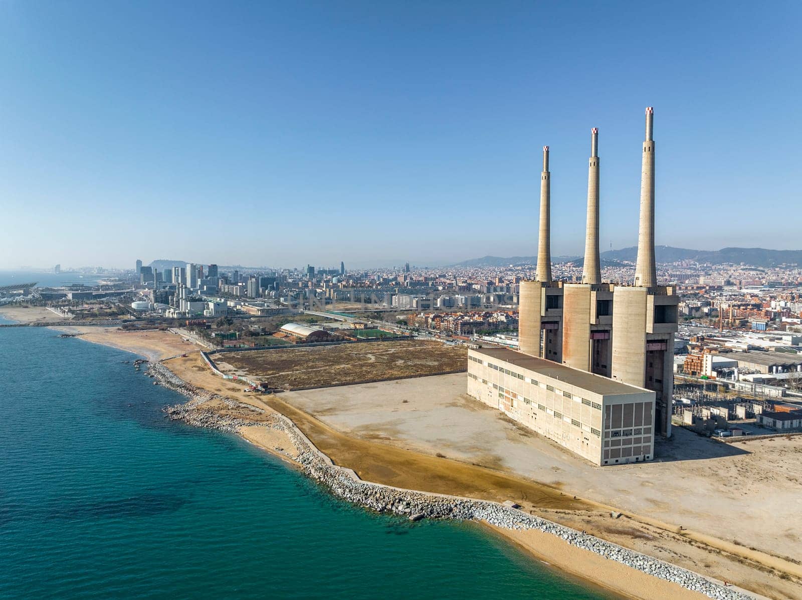 Thermal power plant in Sant Adria (Barcelona), Catalonia, Spain. Aerial view