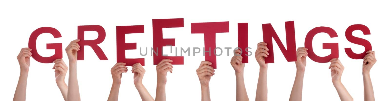 People Or Persons Hands Building English Word Greetings. Isolated White Background.