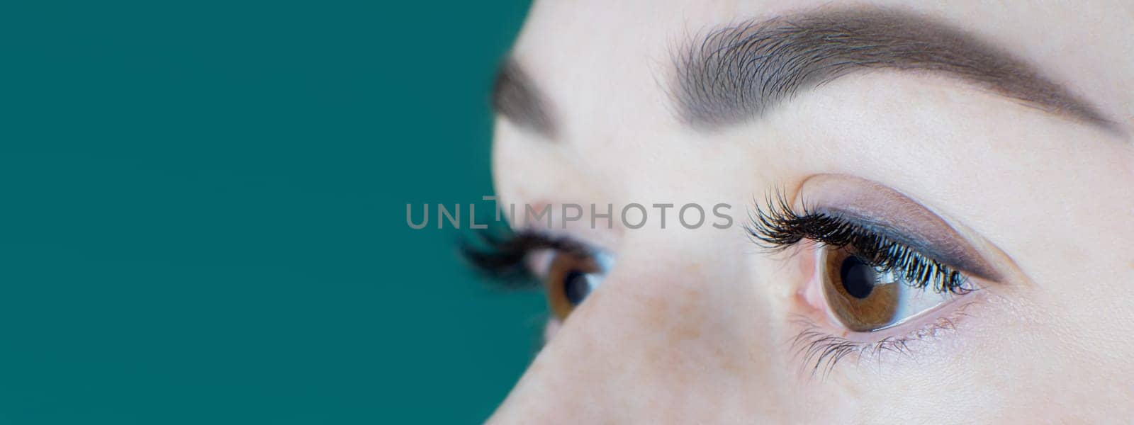 Close-up of brown eyes with long false eyelashes, ideal black eyeliner, flawless eyebrows of unrecognizable young woman on green background. Macro shot. Beauty procedures, cosmetology, advertisement.