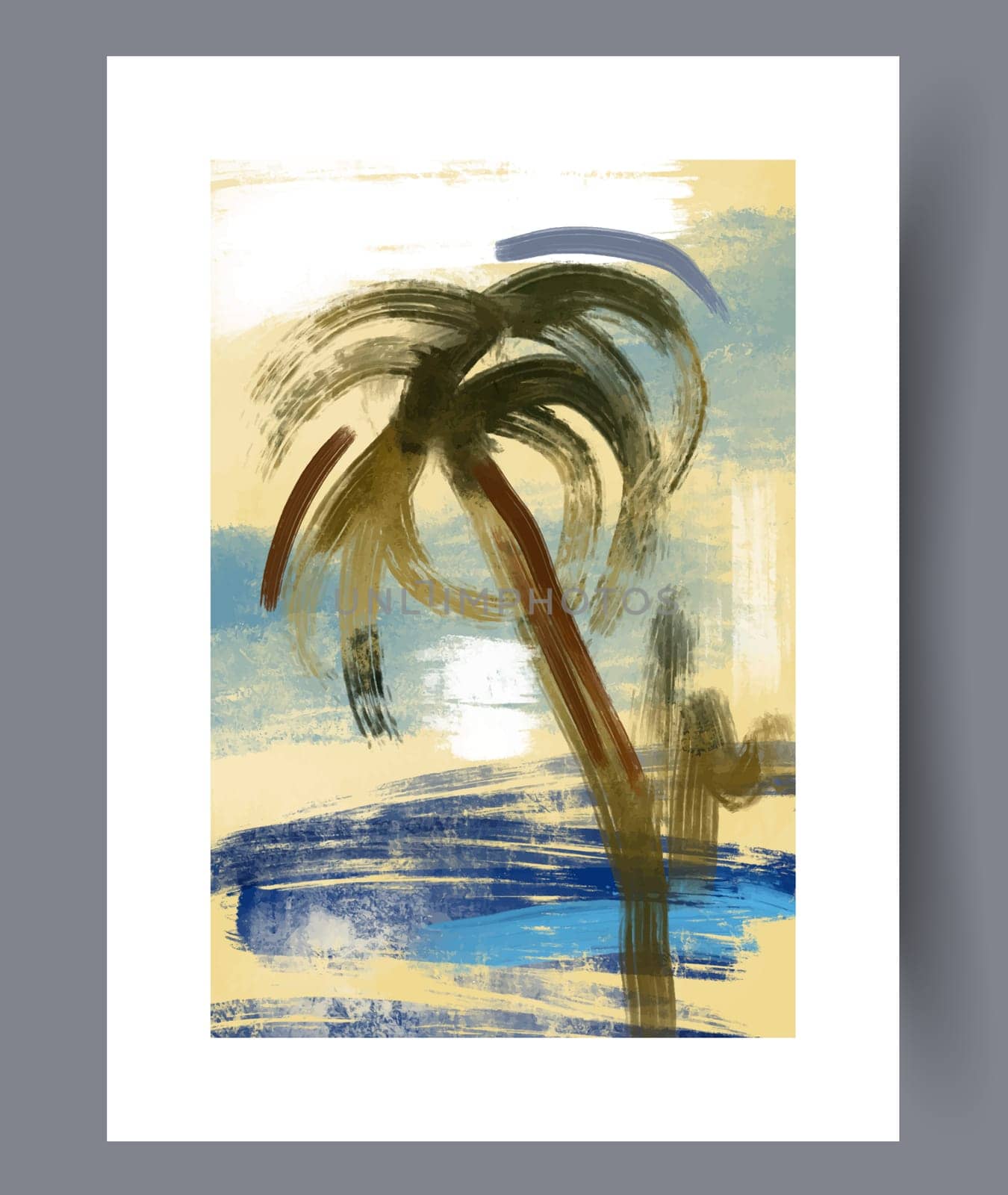 Landscape palm solar resort wall art print. Printable minimal abstract palm poster. Wall artwork for interior design. Contemporary decorative background with resort.