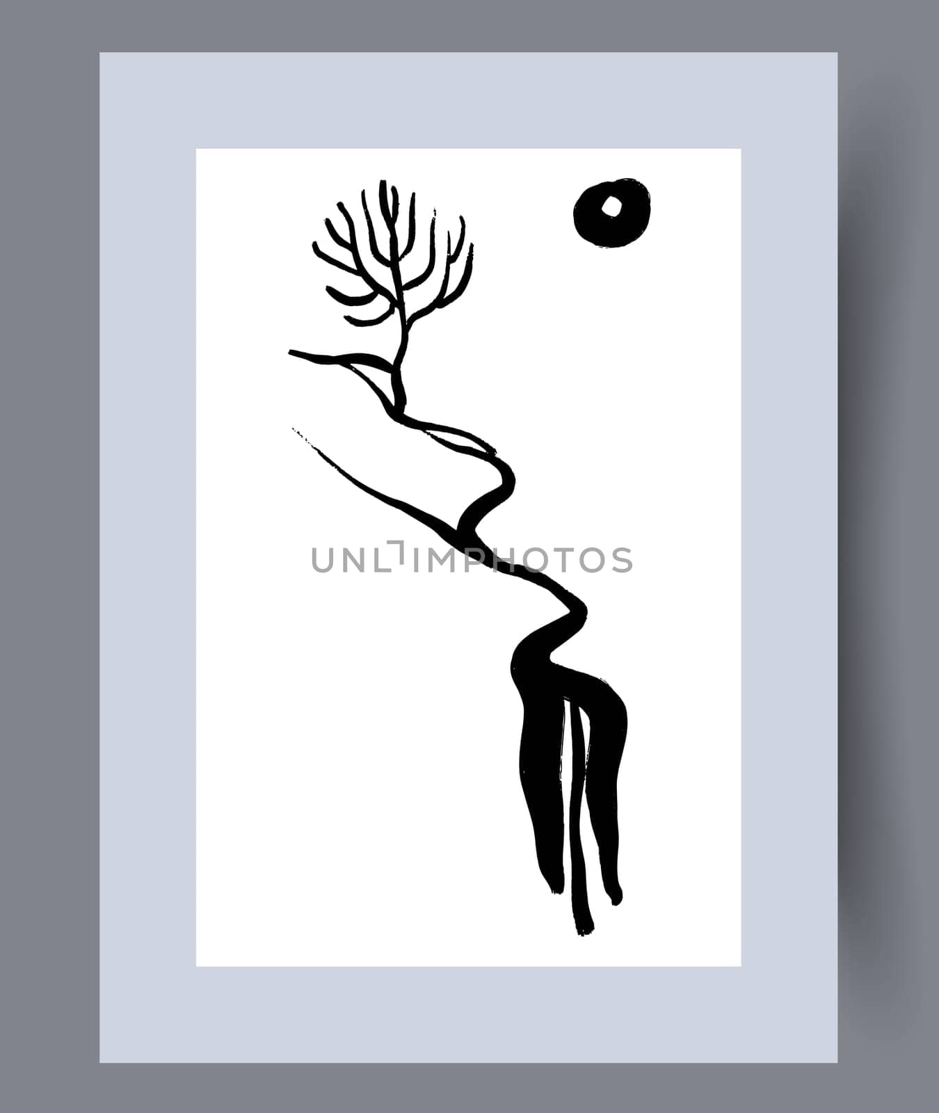 Landscape full moon evening tree wall art print. Printable minimal abstract full moon poster. Wall artwork for interior design. Contemporary decorative background with tree.