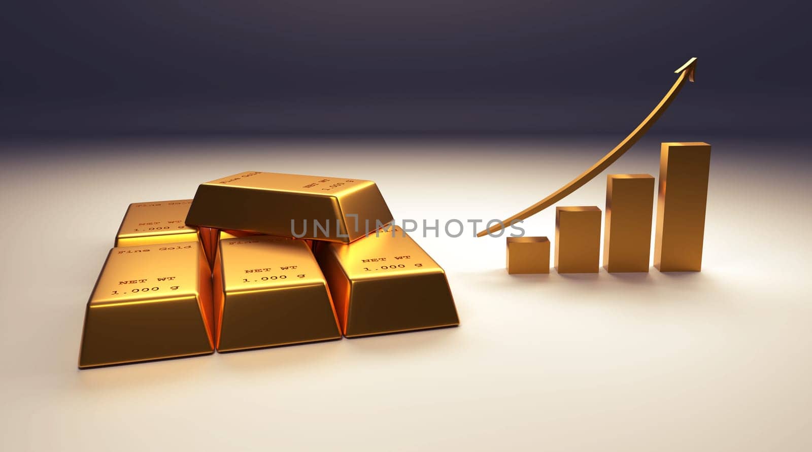 Stacked fine gold bars with an upswing arrow on a grey background, 3d rendering, financial concept