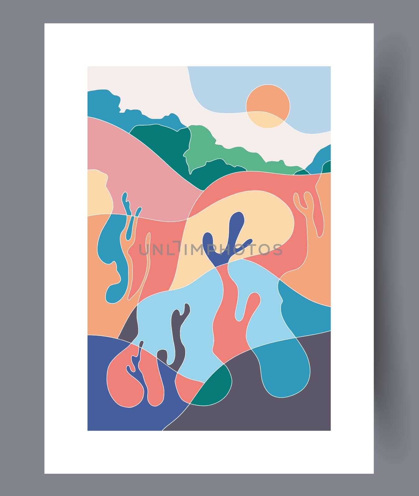Landscape nature bohemian scenery wall art print. Wall artwork for interior design. Contemporary decorative background with scenery. Printable minimal abstract nature poster.