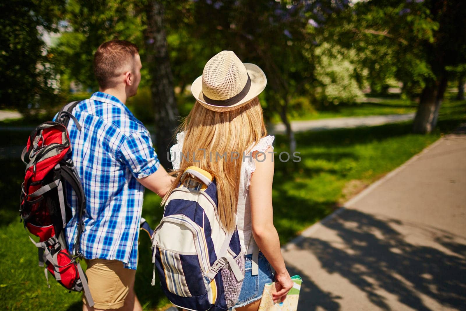 Affectionate dates walking in foreign city