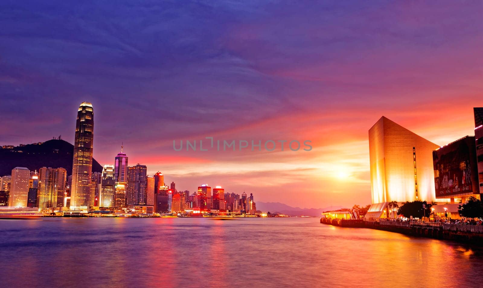 Beautiful HongKong cityscape at sunset, Hong kong city.