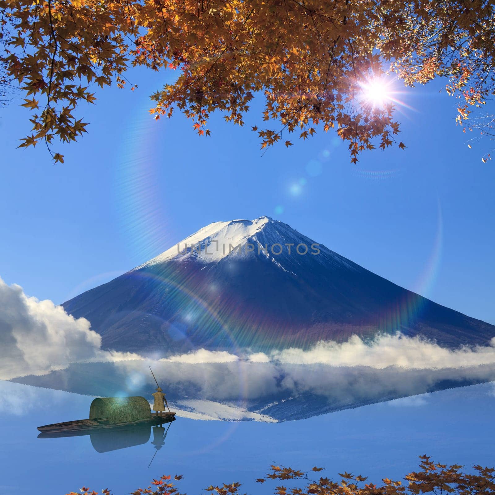 Image of sacred mountain of Fuji in the background at Japan for adv or others purpose use