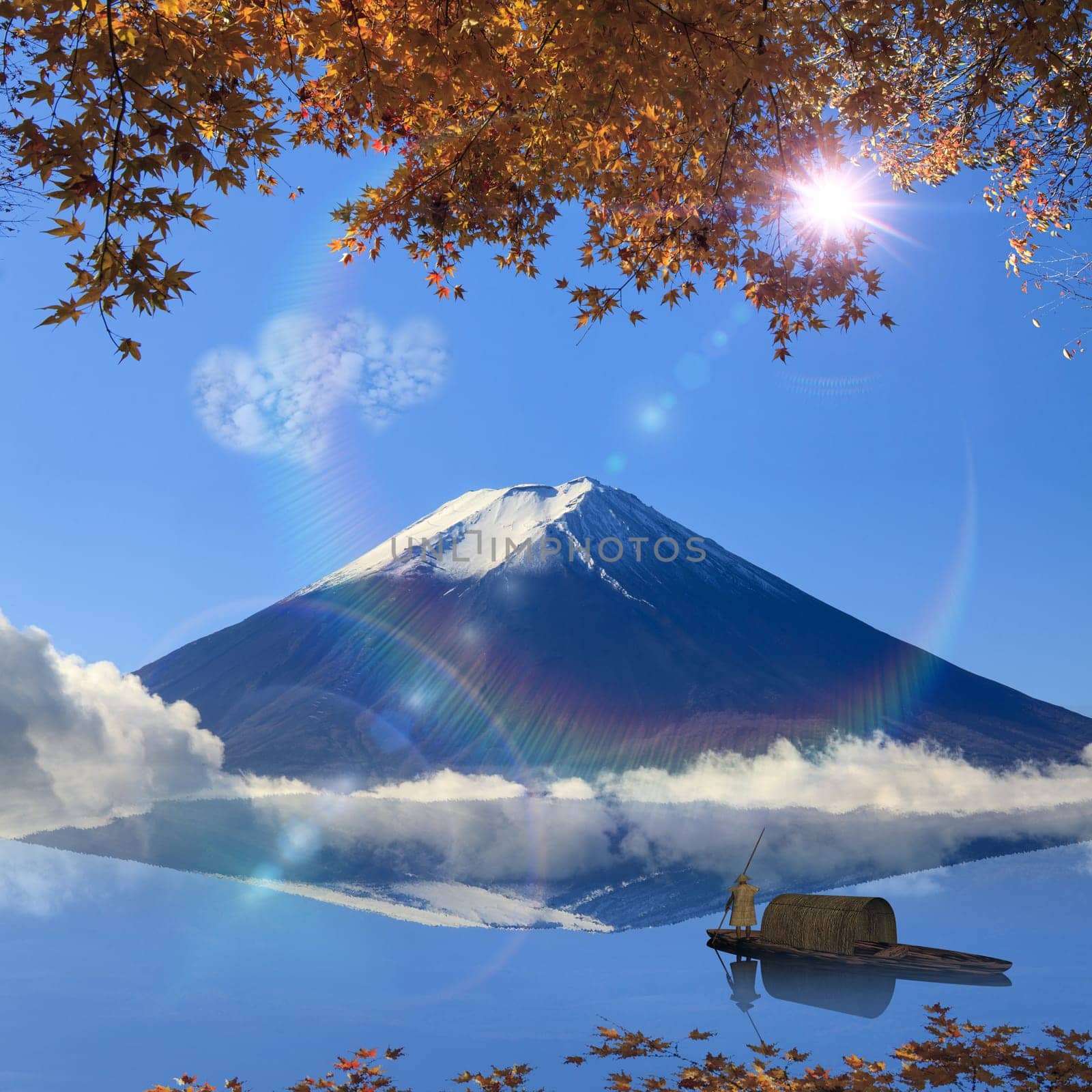 Image of sacred mountain of Fuji in the background at Japan for adv or others purpose use