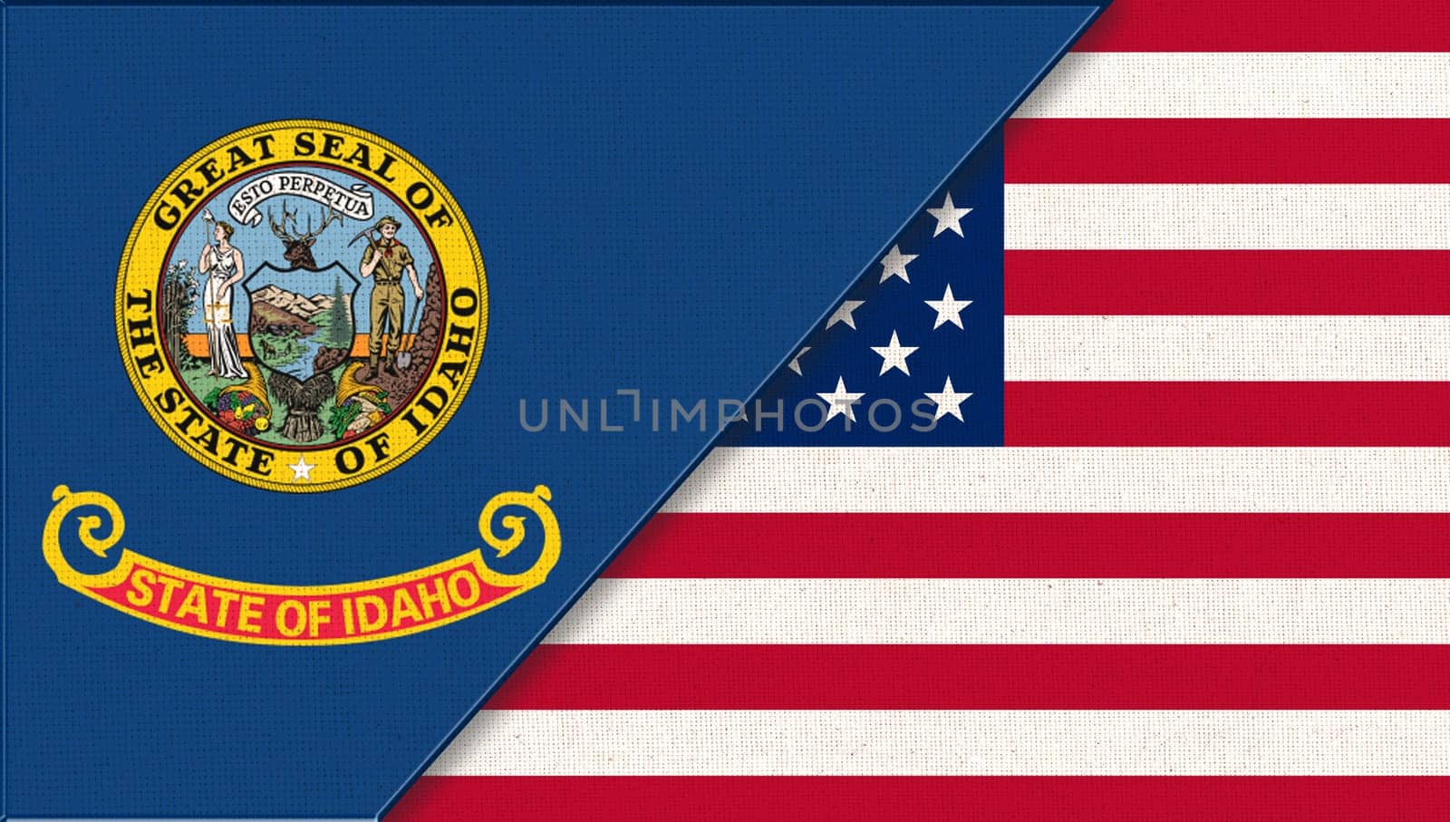 Flags of USA and Idaho. Political concept. Flags of Idaho and United states of America. American national flag and Idaho. Two flags on fabric surface. Double flag 3d illustration