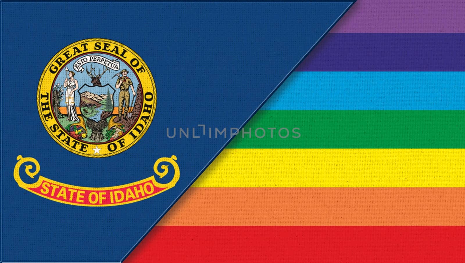 Flags of Idaho and lgbt. sexual concept. Flags of Idaho and and the flag of sexual minorities on fabric surface. Two flags on fabric surface. Double flag 3d illustration. Flag symbol