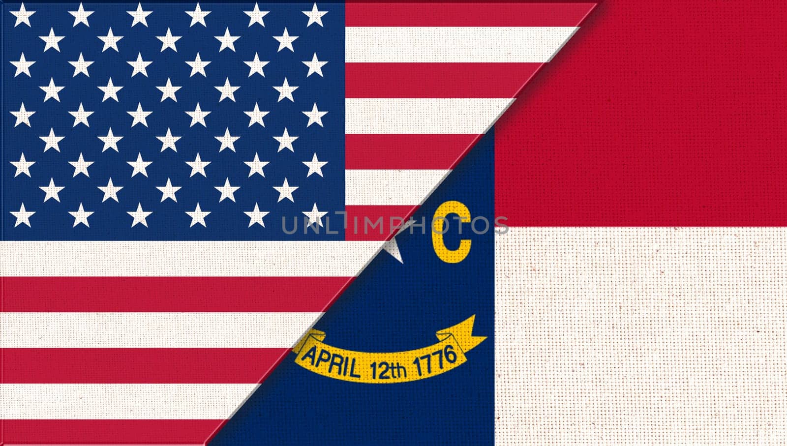 Flags of USA and North Carolina. Political concept. Flags of North Carolina and United states of America. American North Carolina flag. Two flags on fabric surface. Double flag 3d illustration