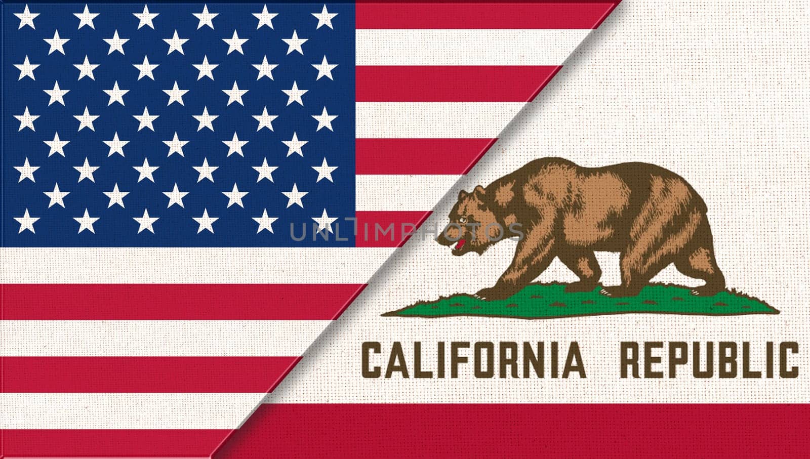 Flags of USA and California. Political concept. Flags of California and United states of America. American national flag and California. Two flags on fabric surface. Double flag 3d illustration
