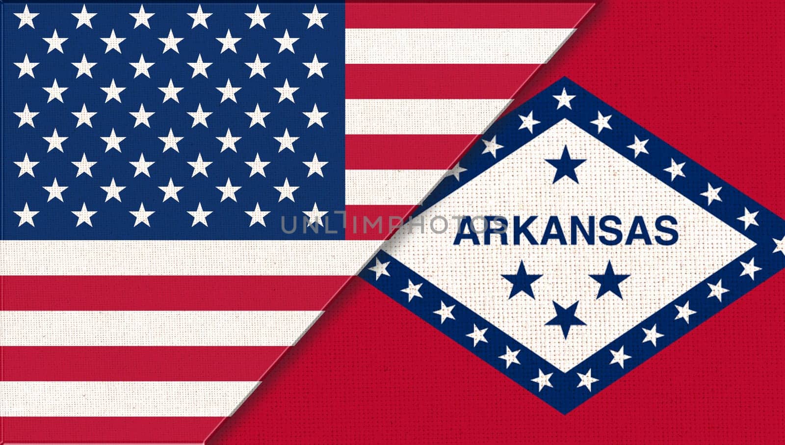 Flags of USA and Arkansas. Political concept. Flags of Arkansas and United states of America. American national flag and Arkansas. Two flags on fabric surface. Double flag 3d illustration