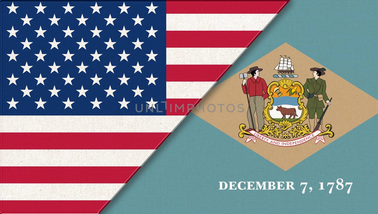 Flags of Delaware and United states of America. Flags of USA and Delaware. Political concept. American national flag and Delaware. Two flags on fabric surface. Double flag 3d illustration