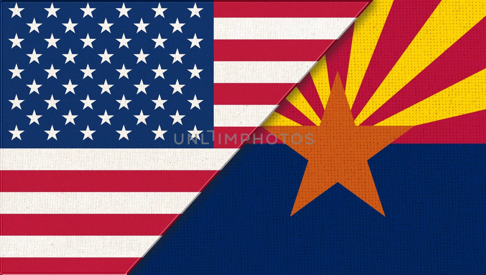 Flags of USA and Arizona. Political concept. Flags of Arizona and United states of America. American national flag and Arizona. Two flags on fabric surface. Double flag 3d illustration
