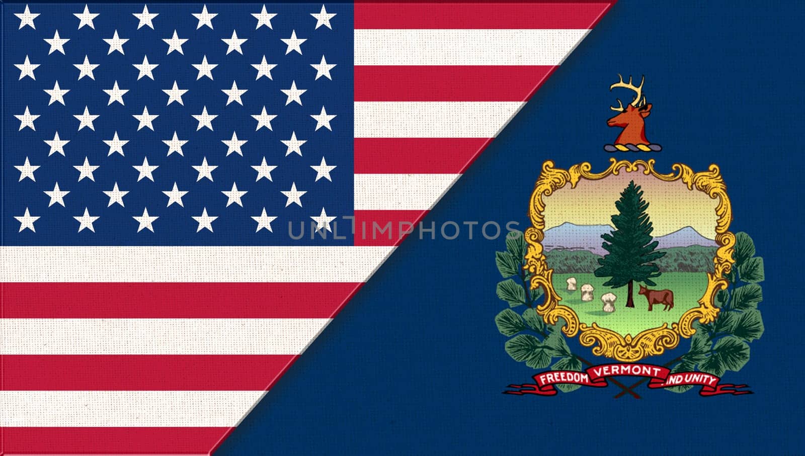 Flags of USA and Vermont. Political concept. Flags of Vermont and United states of America. American national flag and Vermont. Two flags on fabric surface. Double flag 3d illustration