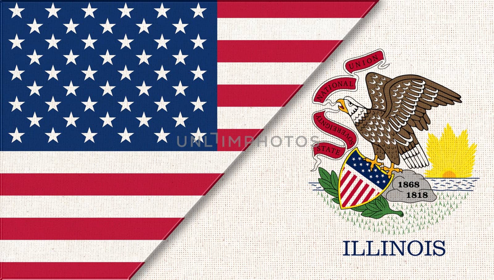 Flags of Illinois and United states of America. Flags of USA and Illinois. Political concept. American national flag and Illinois. Two flags on fabric surface. Double flag 3d illustration