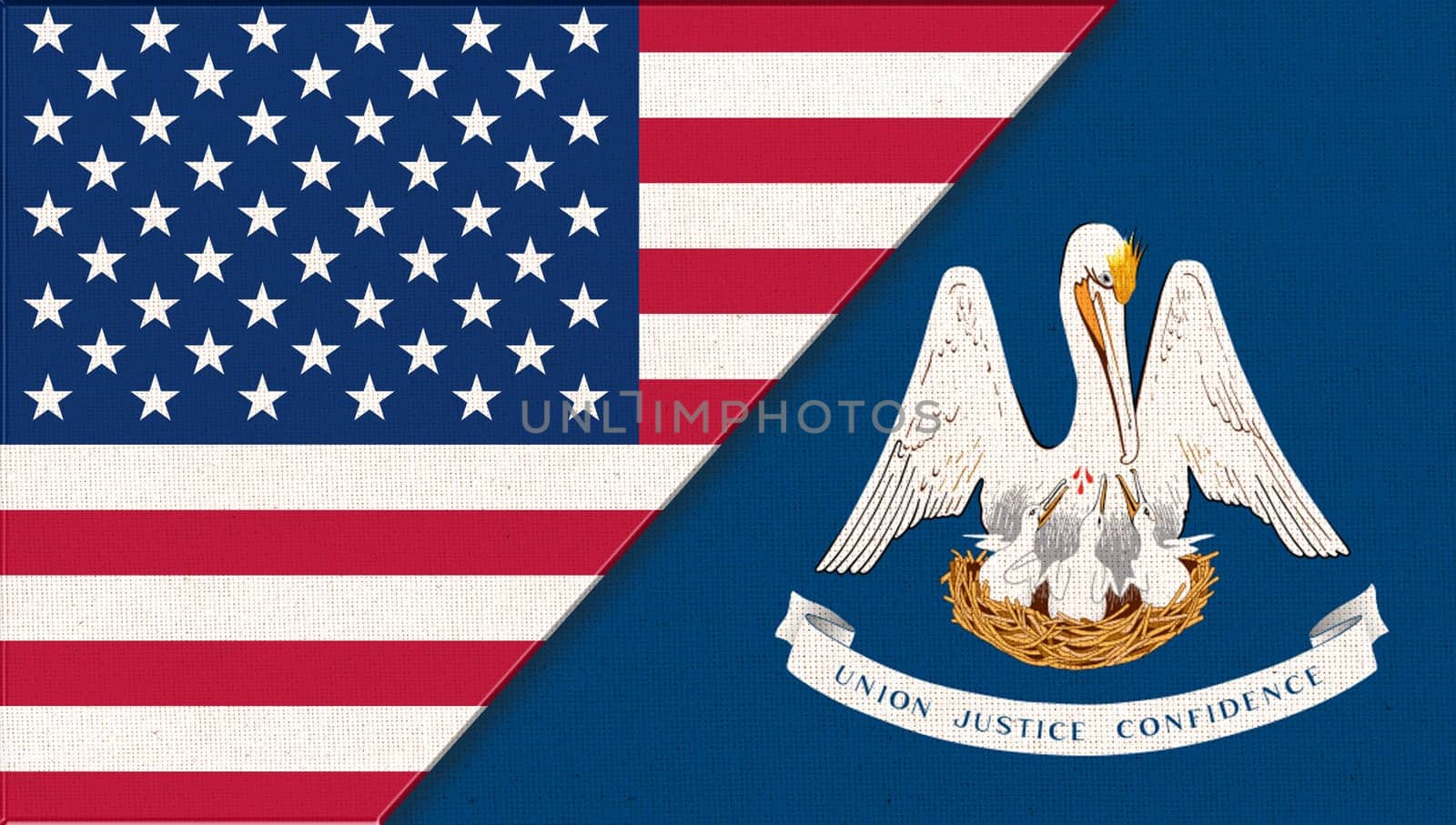 Flags of Louisiana and United states of America. Flags of USA and Louisiana. Political concept. American national flag. collaboration of USA and Louisiana. Double flag 3d illustration