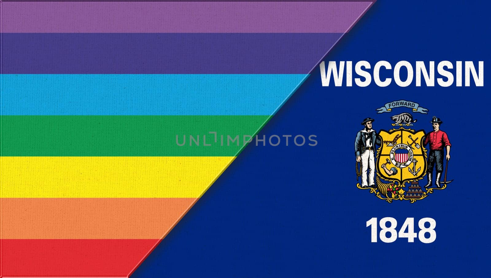 Flags of Wisconsin and lgbt. sexual concept. Flags of Wisconsin and and flag of sexual minorities on fabric surface. Two flags on fabric surface. Double flag 3d illustration. Flag symbol Wisconsin