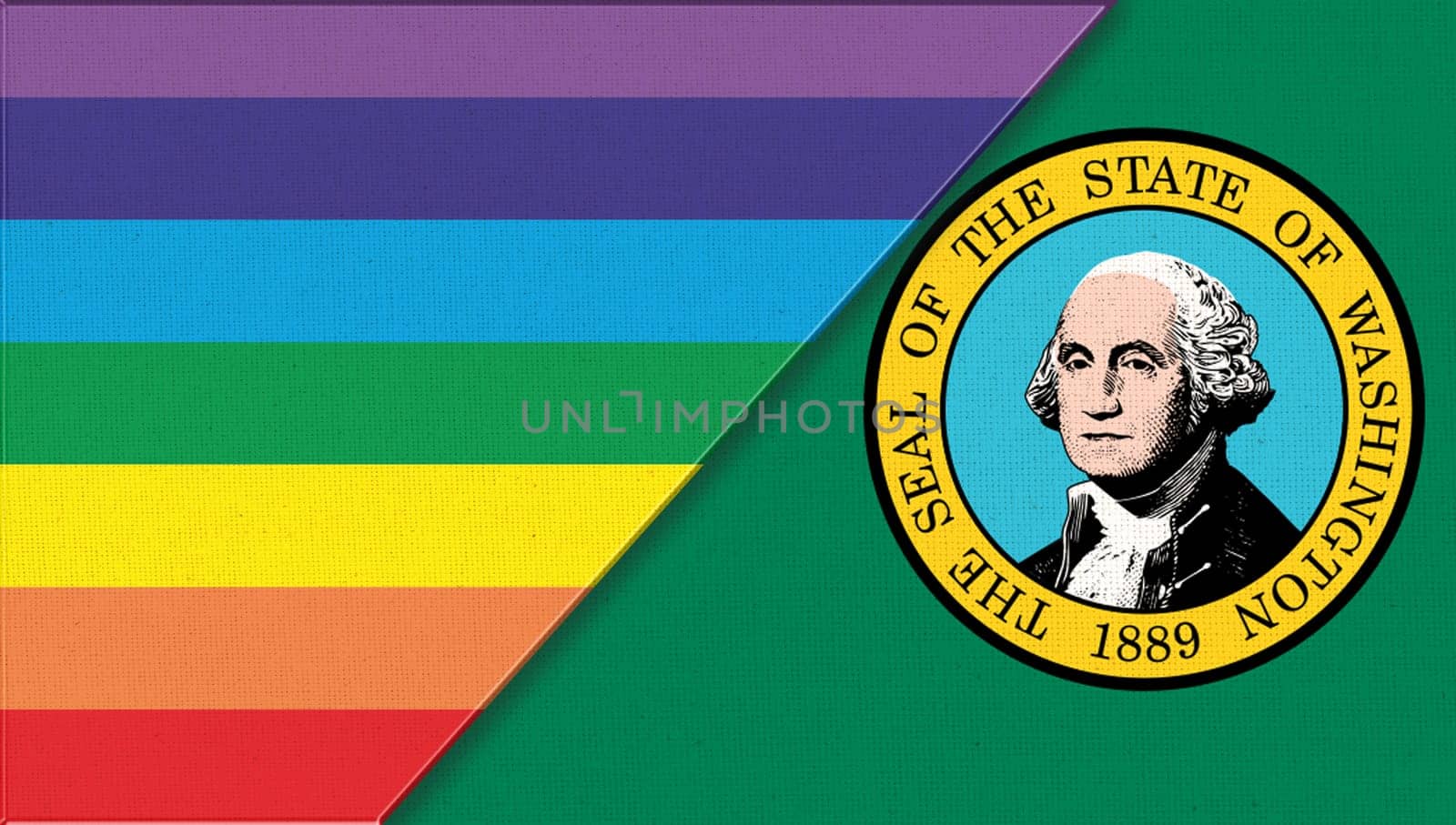 Flags of Washington and lgbt. sexual concept. Flags of Washington and and flag of sexual minorities on fabric surface. Two flags on fabric surface. Double flag 3d illustration. Flag symbol Washington
