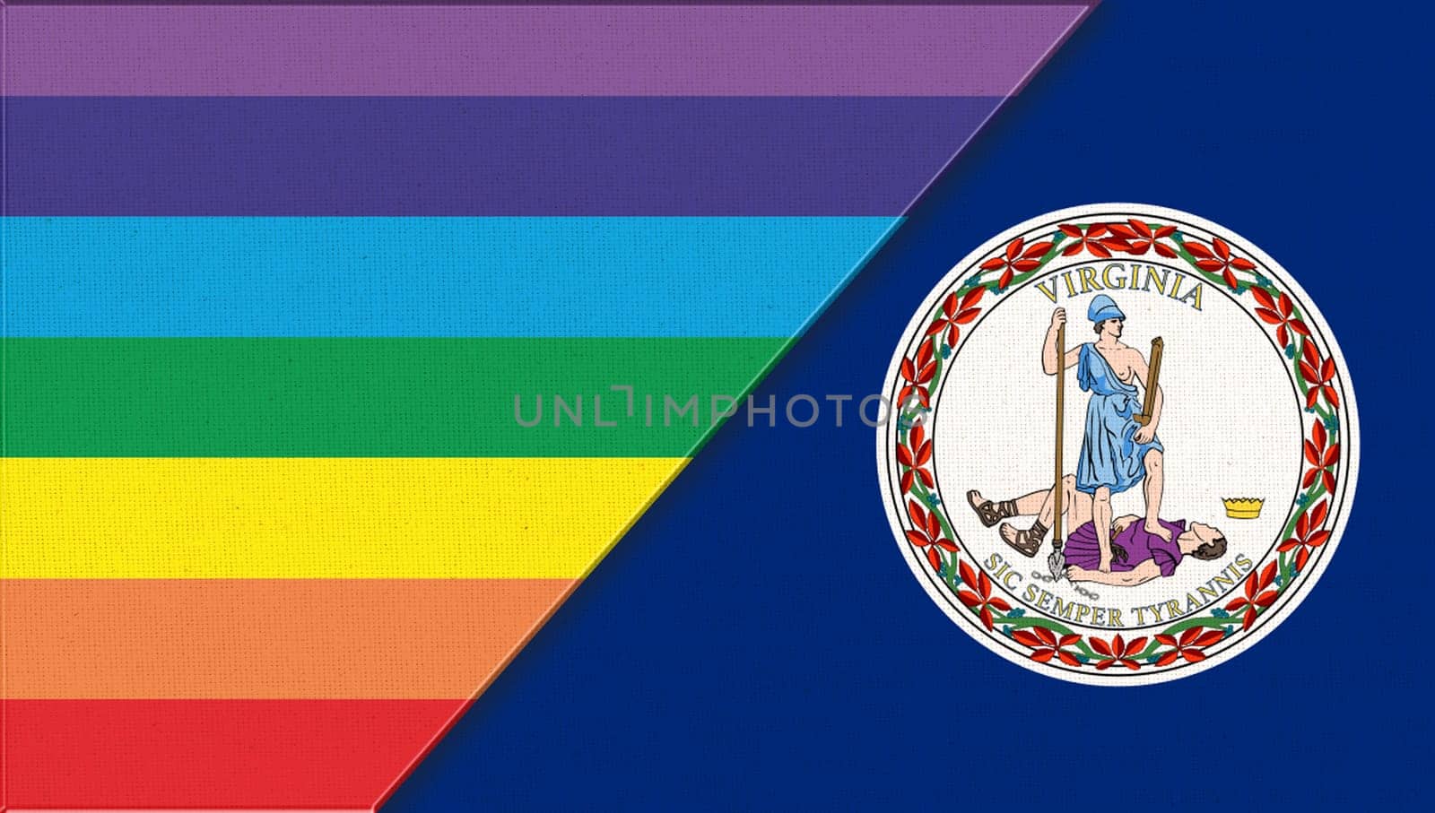 Flags of Virginia and lgbt. sexual concept. Double flag 3d illustration. Flag symbol Iowa. Flags of Virginia and and flag of sexual minorities on fabric surface. Two flags on fabric surface.